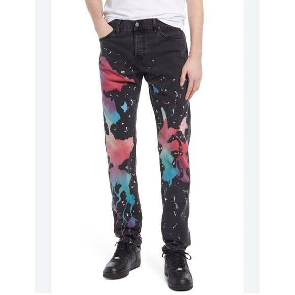 Diesel D-KRAS Slim jeans with collored paint splashed, Black / multi colored, si - Picture 1 of 14
